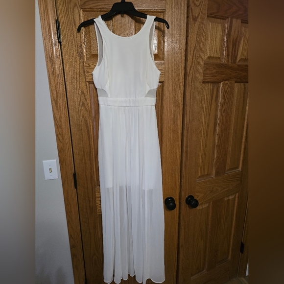 Bijou Bijou White Scoop Neck Illusion Cut Out Maxi Slit Sheer Dress - Picture 1 of 12